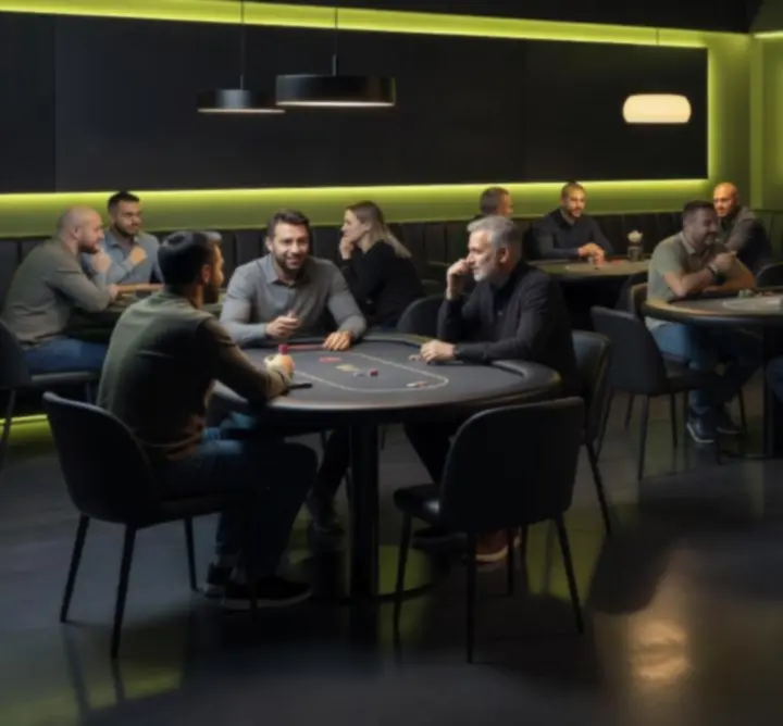 Baráti társaság pókerezik egy modern, hangulatos éttermi lounge térben.