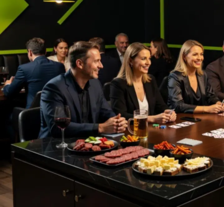 Baráti társaság asztalnál, könnyed pokerpartival és hangulatos fényekkel a Moorvessában.
