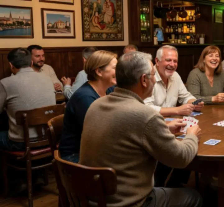 Barátságos offline Texas Hold'em pókerasztal a Moorvessa étterem külön részében.