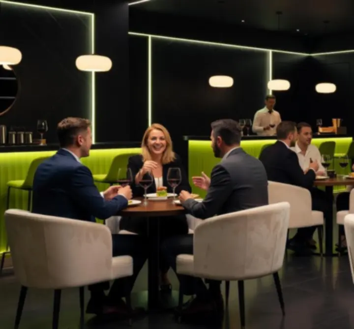 Stílusos, modern éttermi enteriőr mélyfekete és neonlime részletekkel a Moorvessában.